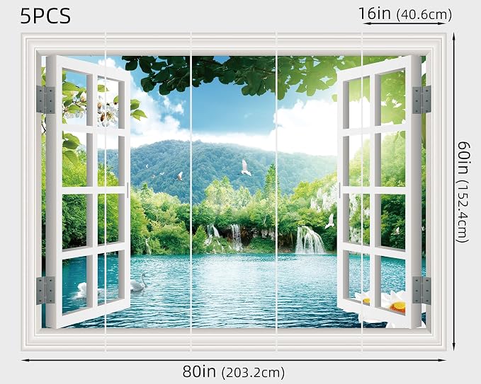 FLFK Fake Window Wall Sticker - Landscape Faux Window Wall Mural for Wall Decor, Stick and Peel Wall Decals,80"x60",Set of 5 Sheets - Image 4