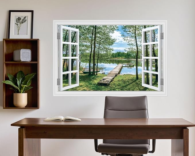 FLFK Fake Window Wall Decal Peel and Stick Wall Mural 48" x 32" | Lake & Forest Scene, Pre-cut into 2 pieces, 3D Illusion Effect, Removable Design, Home Office Decor, Easy Application - Image 4