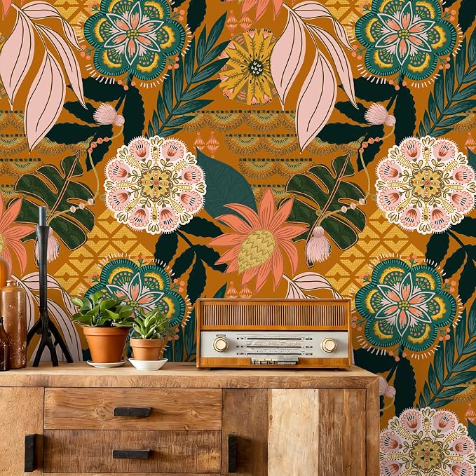 HAOKHOME Orange Peel and Stick Wallpaper Tropical Boho 17.3in x 32.8ft | Floral Botanical Texture Removable Waterproof Renter Friendly Wall Paper Terracotta Pink Green Contact Paper Bathroom Bedroom - Image 5
