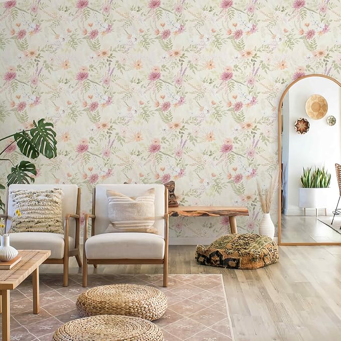 Dimoon Floral Peel and Stick Wallpaper Beige Boho Wallpaper Neutral Cottage Contact Paper Bathroom Cabinets Farmhouse Wall Paper Renter Friendly Removable Waterproof Kitchen Vinyl 362"x17.3" - Image 2