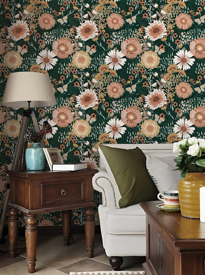 Dimoon Boho Retro Dark Green Wallpaper Peel and Stick Wallpaper Vintage Floral Contact Paper 17.3''x362'' Bohemian Removable Wall Paper Renter Friendly Waterproof Wall Mural Bedroom Bathroom Vinyl - Image 6