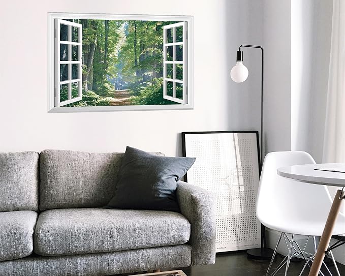 FLFK Fake Window Wall Mural - Road in The Forest Faux Window Wall Sticker for Wall Decor, Peel and Stick Wall Decals,48"x32",Set of 2 Sheets - Image 3