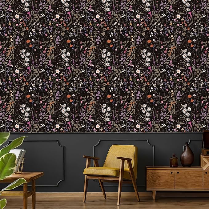 JiffDiff Floral Wallpaper Peel and Stick- 1181" x 17.3" Farm Wildwood Self Adhesive Wall Paper Daisy Flower Contact Paper Dark Floral Stick On Wallpaper - Image 4