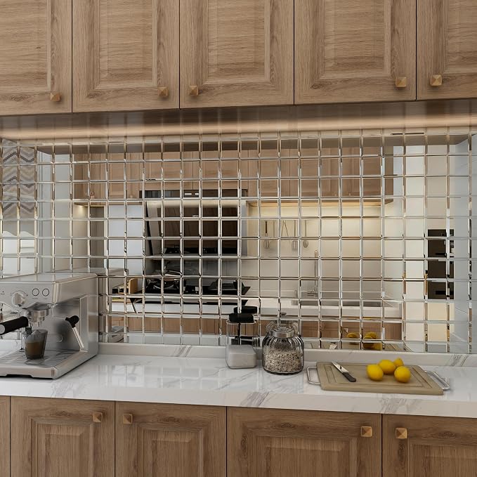 Peel and Stick Mirror Tile 3 x 3 Inch Beveled Square Silver Mirror Glass Tiles for Kitchen Backsplash Bathroom Wall（32 Pcs） - Image 2