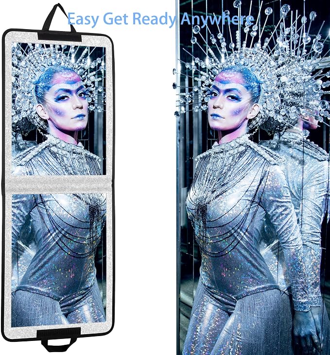 LPHUMEX Foldable Full Length Mirror Glitter Silver, 13x33 Portable Body Mirror for Travel, Dance, Festival - Image 3