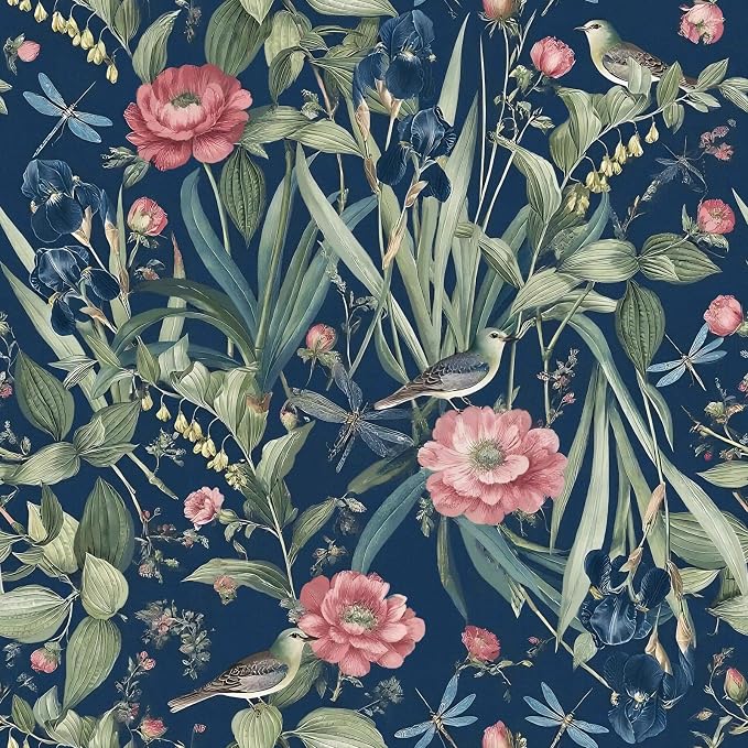 Navy Bird and Floral Peel and Stick Wallpaper Vintage 17in x 118in | Flower Contact Paper Vintage Floral Wallpaper Boho Self Adhesive Waterproof Wall Paper Botanical Removable Decorative Vinyl by lenify