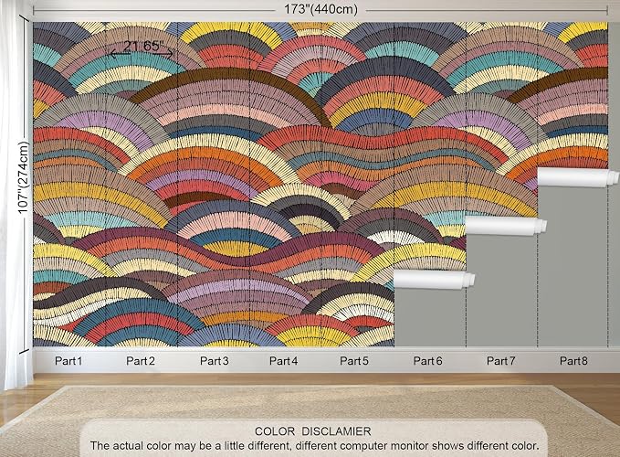 Boho Peel and Stick Wallpaper Rainbow Wave Wall Mural | 173"x108", Self Adhesive Canvas, for Bedroom Living Room Bathroom, Seamless, No overlapping - Image 3