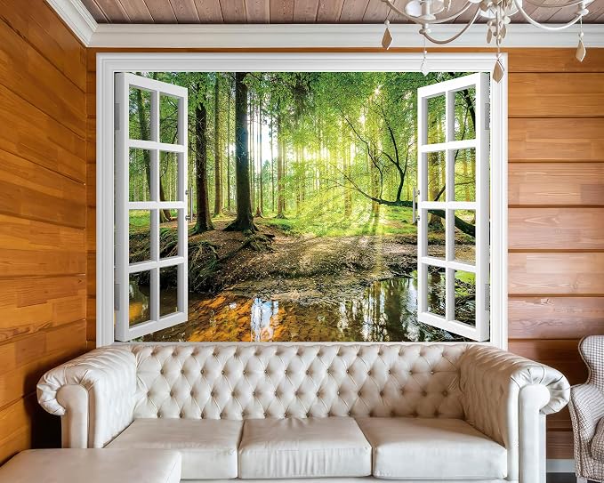 FLFK Fake Window Wall Mural - Forest Jungle Faux Window Wall Sticker for Wall Decor, Stick and Peel Wall Decals,80"x60",Set of 5 Sheets - Image 3