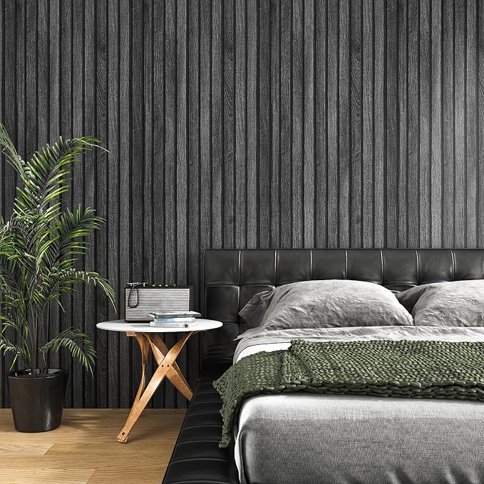VEELIKE Charcoal Black Wood Slat Wallpaper Peel and Stick Modern Wood Panel Wallpaper for Accent Walls Backdrop 24''x354'' Self Adhesive Removable Slat Wall Paneling for Bedroom Bathroom Living Room - Image 3
