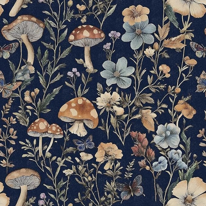 Froluya Mushroom Peel and Stick Wallpaper Dark Blue Floral 16.9" x 393.7" | Dark Floral Contact Paper Navy Blue Floral Wallpaper Vintage Boho Self Adhesive Removable Wall Paper Kitchen Bathroom Vinyl by Froluya