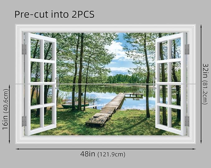 FLFK Fake Window Wall Decal Peel and Stick Wall Mural 48" x 32" | Lake & Forest Scene, Pre-cut into 2 pieces, 3D Illusion Effect, Removable Design, Home Office Decor, Easy Application - Image 2