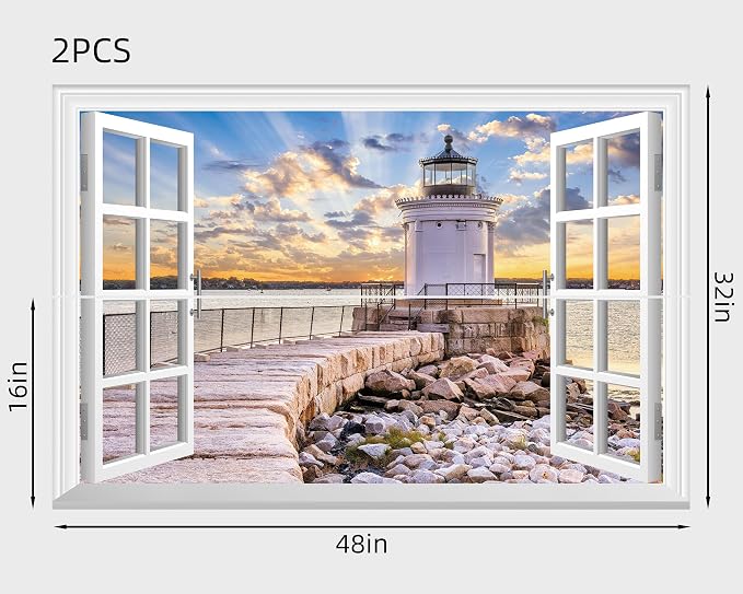 FLFK Fake Window Wall Mural - Shoreline Lighthouse Faux Window Wall Sticker, Stick and Peel Wall Decals, 48"x32", Set of 2 Sheets - Image 2