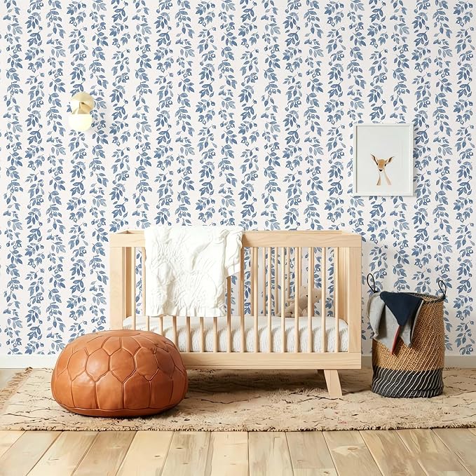 Ismoon Blue Wallpaper Peel and Stick Vintage Wallpaper 17.3in x 16.4ft Blue Leaf Contact Paper Vintage Cottage Wall Paper for Bedroom Bathroom Kitchen Nursery Removable Vinyl - Image 7