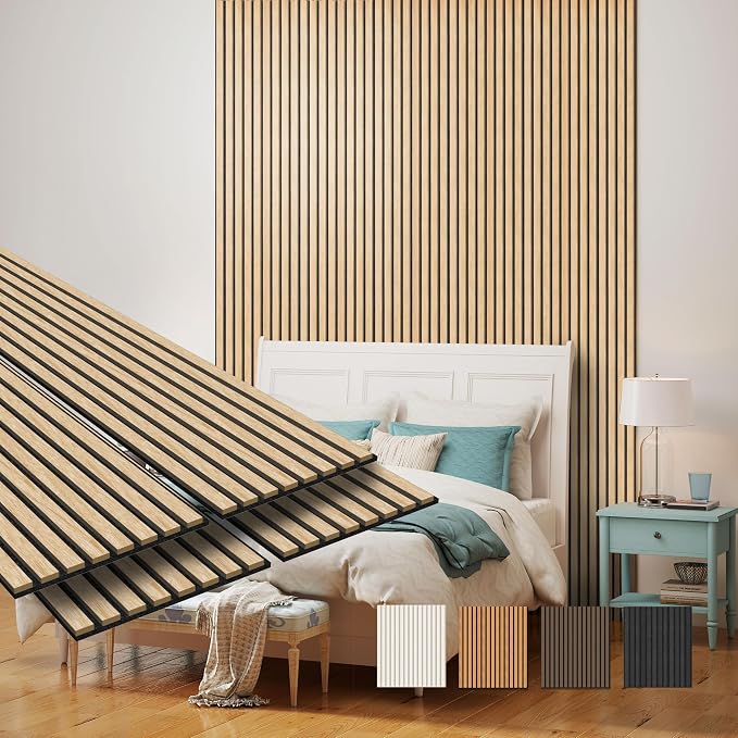MISSDAY Wood Slat Acoustic Wall Panels, 4 Packs 94.5" x 12.6" Oak Soundproof Panel For Interior Wall Decor Noise Absorbing-3D Textured Wooden Panel Sound-Absorbing for Home, Office, Studio by MISSDAY