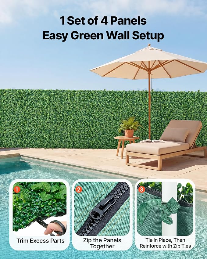 VEVOR Artificial Plant Wall, 4 PCS, Each Panel 2 x 8 ft Artificial Boxwood Panels, Sun Protection Greenery Backdrop Privacy Hedge Fence, Fake Grass Screen for Wedding, Indoor,Outdoor Garden Mixed Leaf - Image 4