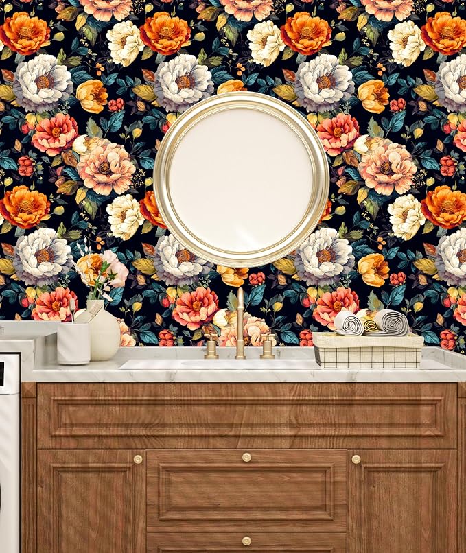 BOKEBEVE Floral Wallpaper Peel and Stick Boho Colorful Black 17.5 x 118In | Removable Self Adhesive Renter Friendly Vintage Floral Wall Paper for Bedroom Bathroom Cabinet Drawer Feature Accent Wall - Image 2