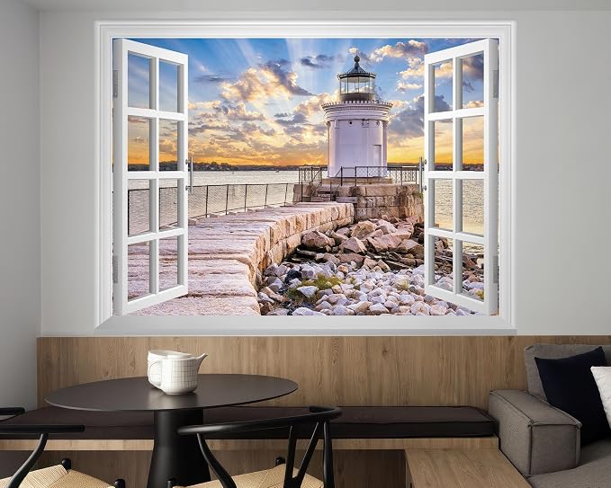 FLFK Fake Window Wall Mural - Shoreline Lighthouse Faux Window Wall Sticker for Wall Decor, Stick and Peel Wall Decals,80"x60",Set of 5 Sheets - Image 3
