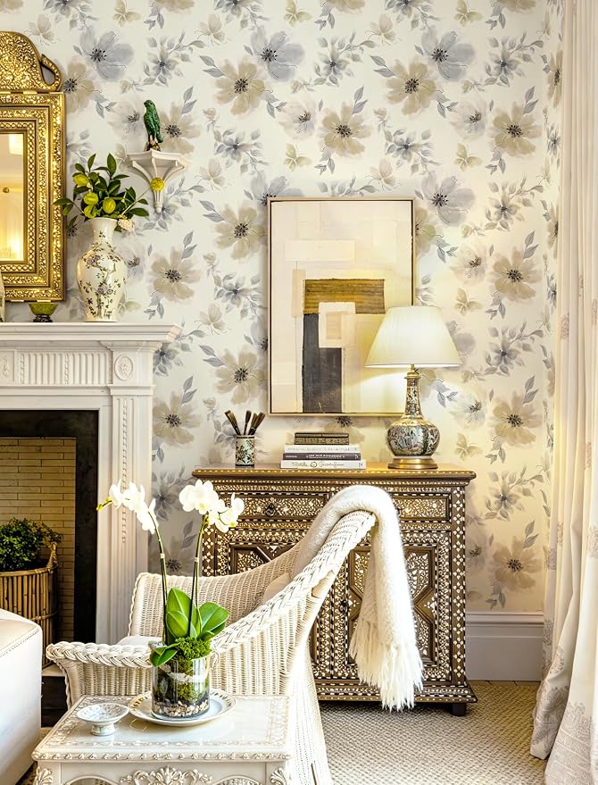 Floral Peel and Stick Wallpaper Vintage Wall Paper Neutral 17.3"×118" | Flower Contact Paper Beige Boho Wallpaper Slef Adhesive Removable Wall Paper Vinyl Waterproof for Living Room Bathroom - Image 2
