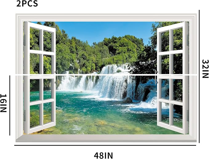 FLFK Fake Window Wall Sticker - Waterfall Faux Window Wall Mural for Wall Decor, Stick and Peel Wall Decals,48"x32",Set of 2 Sheets - Image 4