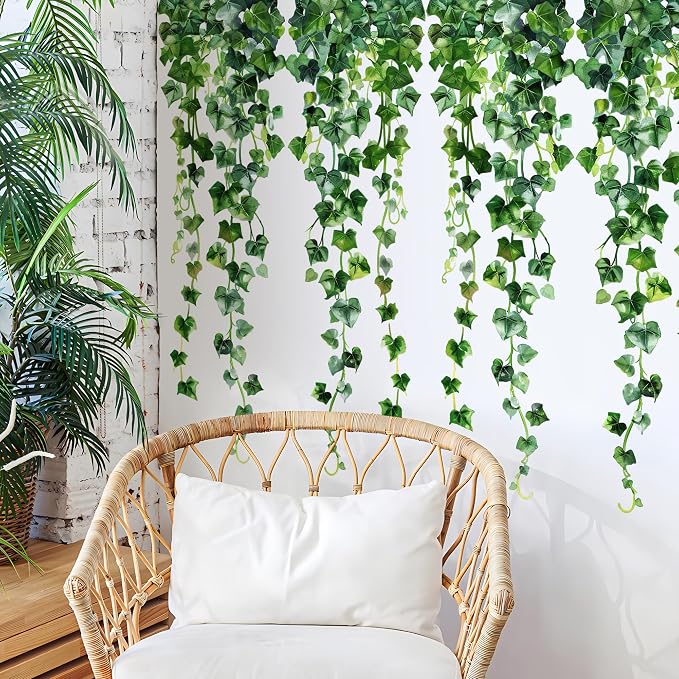 Green Plants Leaves Wall Decals Hanging Vine Wall Stickers Fresh Green Leaf Wall Art Removable Nature Botanical Vine Branches Leaves Murals for Kids Bedroom TV Background Home Decor 91 - Image 5