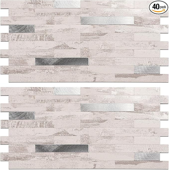 Peel and Stick Backsplash Tile Waterproof Removable PVC Wall Sticker 3D Faux Stone Marble Brick White Accent Panels (Polished Eurasia Silver - Gray, 20 Tiles - 9 sq. ft. (0.84 M²)) by KOYNSLE