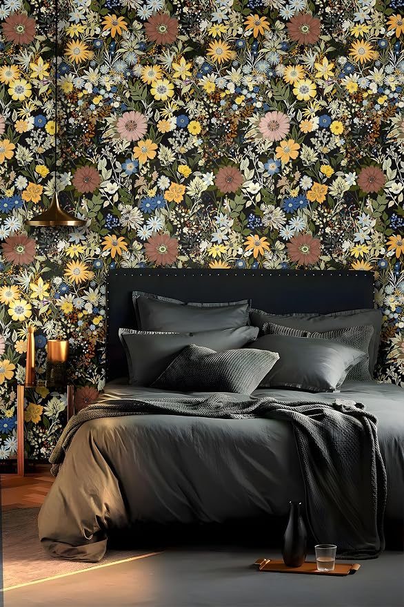 Vintage Floral Peel and Stick Wallpaper for Bedroom,Cabinets 17.3" x 118" | Textured Vinyl Contact Paper Self Adhesive Removable Waterproof Black/Green/Yellow Stick on Wall paper for Kitchen Bathroom - Image 6