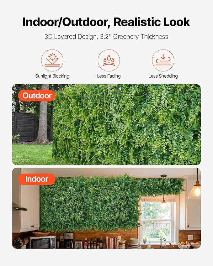 VEVOR Artificial Plant Wall, 12PCS 20 x 20 in Artificial Boxwood Panels, Sun Protection Greenery Backdrop Privacy Hedge Fence, Fake Grass Screen for Wedding, Indoor, Outdoor Garden, Backyard,Ferns - Image 5