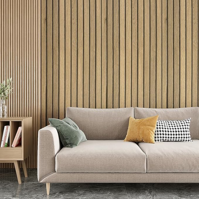 VEELIKE Natural Light Oak Wood Slat Peel and Stick Wallpaper Wood Panel Wallpaper for Accent Walls 24''x118'' Waterproof Self Adhesive Slat Wall Covering for Living Room Dining Room Bedroom Office - Image 3