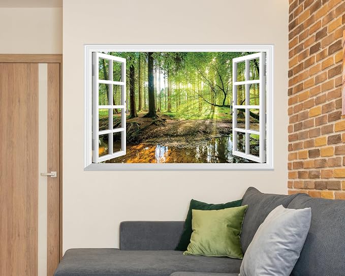 FLFK Fake Window Wall Mural - Forest Jungle Faux Window Wall Sticker for Wall Decor, Stick and Peel Wall Decals,48"x32",Set of 2 Sheets - Image 6