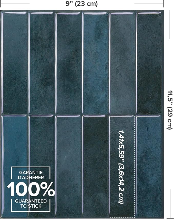 Smart Tiles Peel and Stick backsplash, Stacked Petrol Blue, 11.43"x9" | Pack of 5 (3.5 sq ft), Glossy, Heat/Moisture Resistant, Low VOC, Kitchen/Bathroom, Renter Friendly, Made in Canada - Image 3