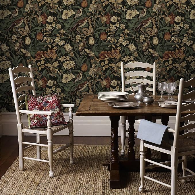 Erfoni Bird Floral Peel and Stick Wallpaper Vintage Contact Paper for Walls | 17.3" x 394" Floral and Leaf Self Adhesive Wallpaper Retro DIY Removable Decorative Wallpaper for Livingroom Vinyl Roll Dark - Image 3