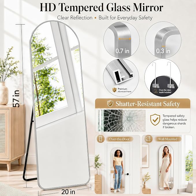 57x20" Full Length Mirror Floor Stand,Over the Door,Wall Mounted Silver - Image 2