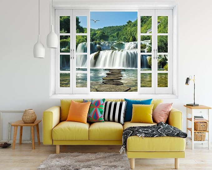 FLFK Fake Window Wall Mural - Waterfall Nature Scene Peel and Stick Decal, 80 x 60 inches, Set of 5 Sheets - Image 4