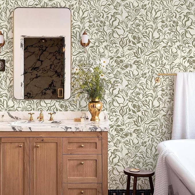 Ismoon Vintage Floral Wallpaper Peel and Stick Beige and Green Contact Paper 17.3in x 32.8ft Peony Flower Abstract Striped Floral Wallpaper for Bathroom Bedroom Removable Vinyl Renter Friendly - Image 5