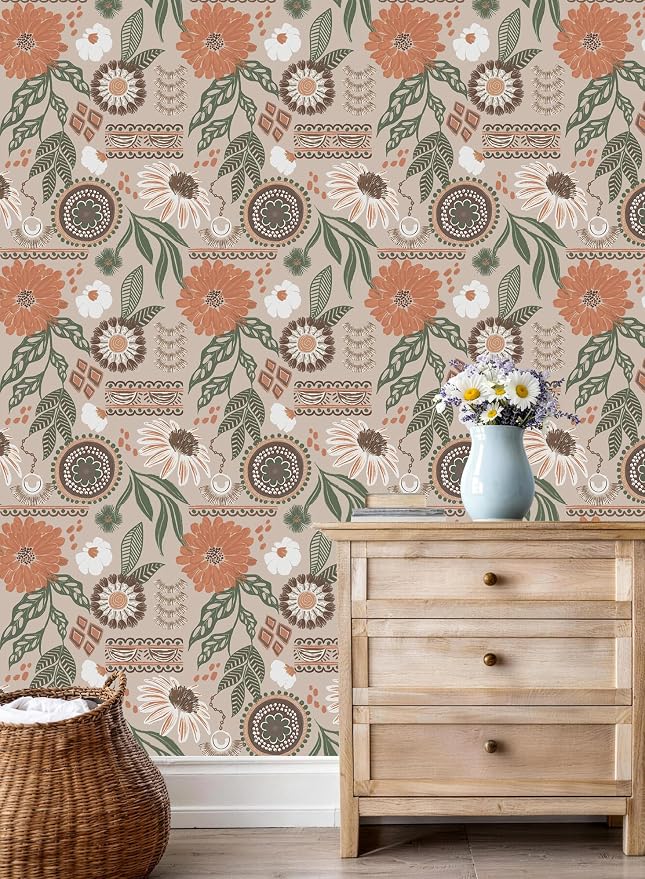 Simon&Siff Boho Sun Floral Retro Peel and Stick Wallpaper 17.3" x 1200" | Removable Waterproof Self Adhesive Contact Paper, Renter Friendly for Cabinets, Furniture, Bedroom, Bathroom, DIY Decor - Image 7