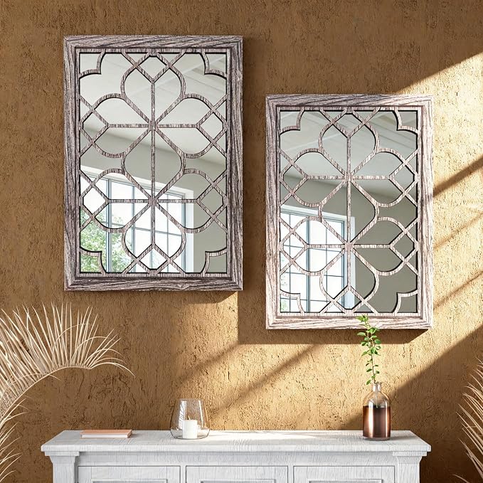 Set of 2 19x26 Inch Large Brown Shatterproof Rectangular Wall Mirrors, Boho Rustic Farmhouse Vintage Accent Mirrors for Living Room Bedroom Entryway Dining Room & Home Decor - Image 3