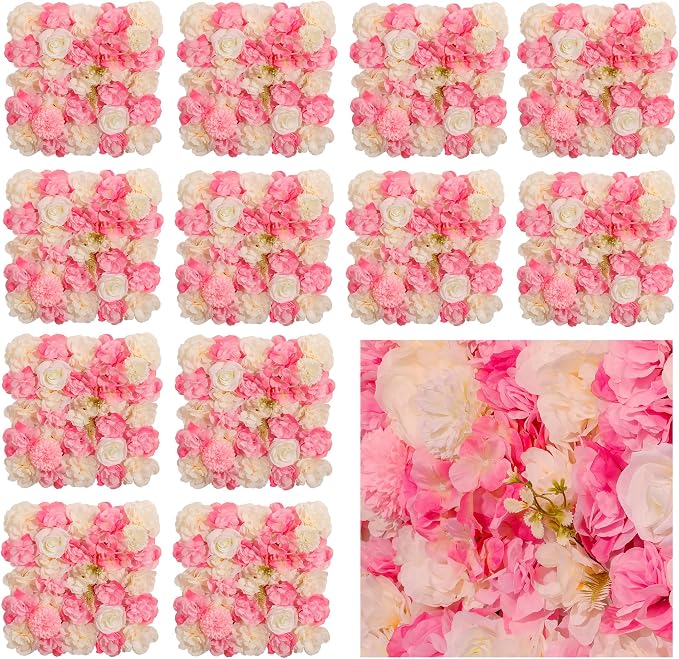 Artificial Flower Wall, 12 Panels, 16.5x16.5, Pink White Rose | 3D design, realistic look, Seamless Design,eco-friendly,easy to assemble,reusable,.Suitable for weddings,Party,Backdrop Decor by BloomTrend