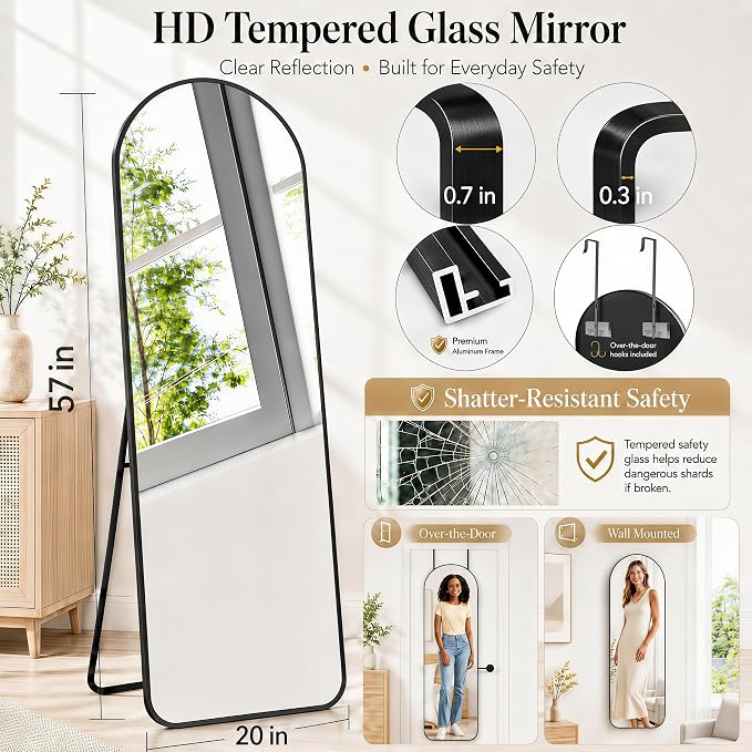 57x20" Full Length Mirror Floor Stand,Over the Door,Wall Mounted Black - Image 2