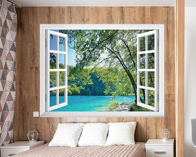 FLFK Fake Window Wall Mural - Lakes in The Jungle Faux Window Wall Sticker for Wall Decor, Stick and Peel Wall Decals,80"x60",Set of 5 Sheets - Image 4