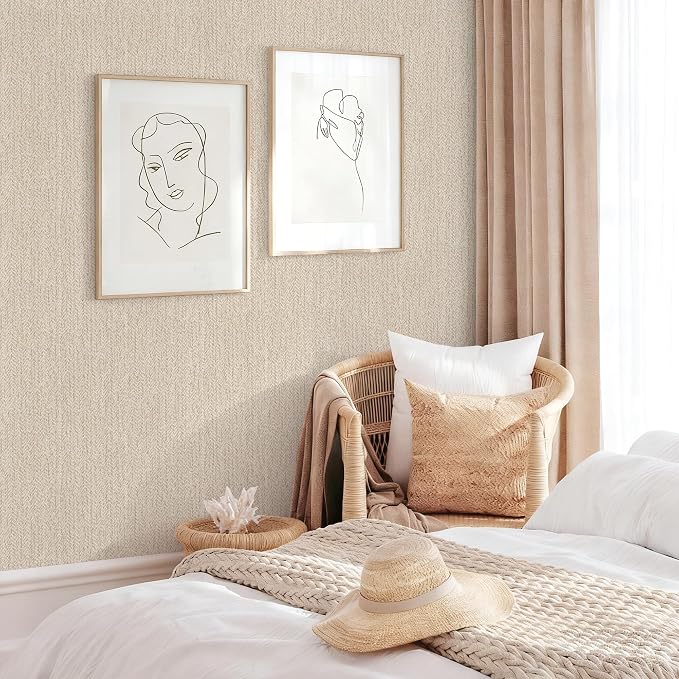 Grasscloth Peel and Stick Wallpaper Beige Contact Paper 16in x 197in | Faux Linen Vintage Wallpaper Textured Removable Wall Paper Grass Cloth Cabinets Bedroom for Cabinet Self Adhesive Vinyl - Image 3