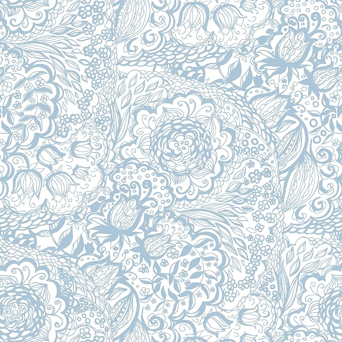Peel and Stick Wallpaper Boho Blue and White Floral Wallpaper for Bedroom Bathroom Removable Self-adhsive Contact Paper for Cabinets Nursery Shelf Liner 17.3" x 197" by Micpolo
