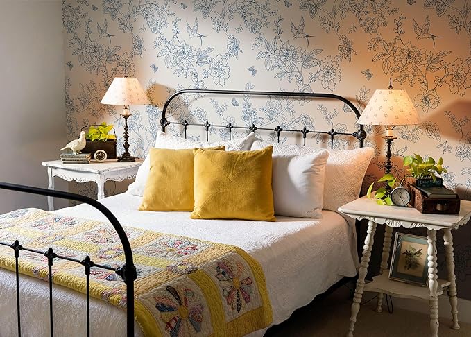 Froluya Cream White and Blue Peel and Stick Wallpaper Floral Contact Paper | 17.7in×118.1in Blue Floral Wallpaper Peel and Stick Vintage Flower Bird Self Adhesive Removable Wall Paper for Bathroom Vinyl - Image 6