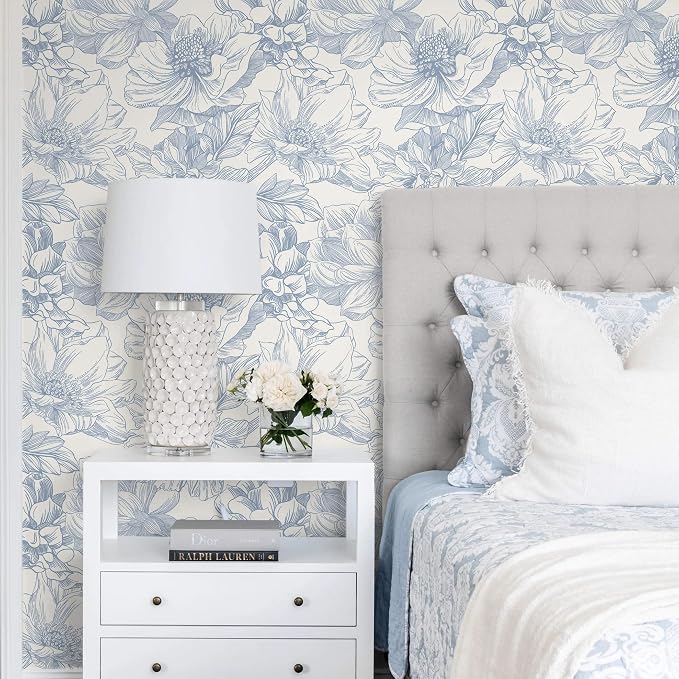 Ismoon Vintage Floral Wallpaper Peel and Stick Beige and Blue Contact Paper 17.3inx32.75ft Removable Self Adhesive Wall Paper for Bathroom Bedroom Cabinet Mural Wall Decor Vinyl Renter Friendly - Image 2