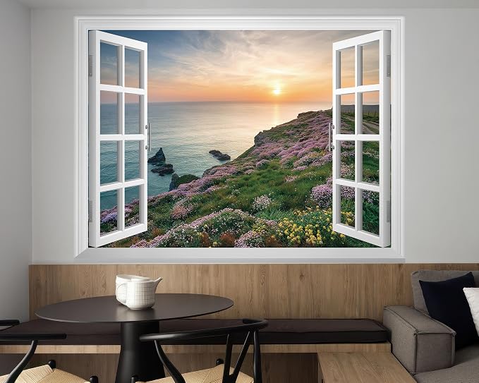 FLFK Fake Window Wall Mural - Sunset Over The Sea Faux Window Wall Sticker for Wall Decor, Stick and Peel Wall Decals,80"x60",Set of 5 Sheets - Image 4