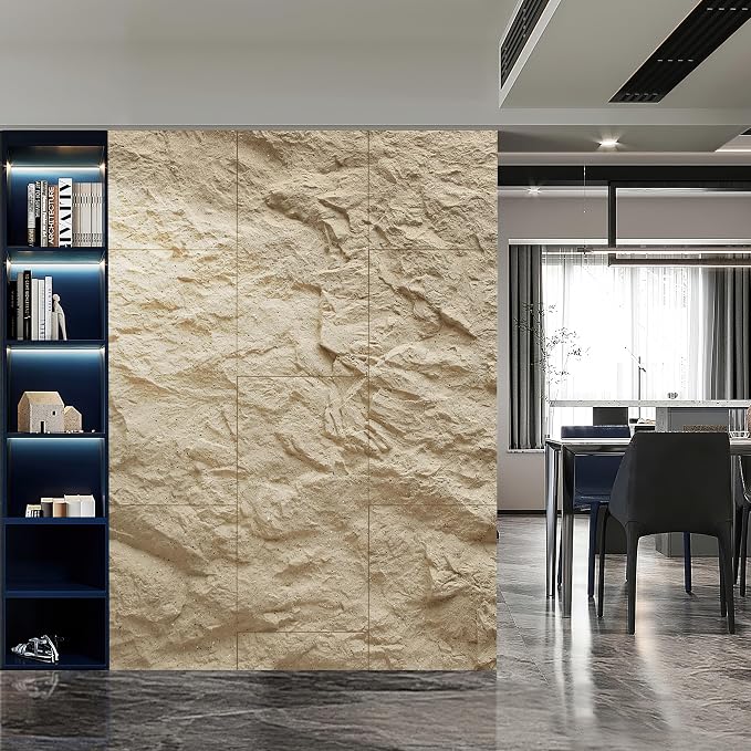 KASARO 3D Faux Stone PU Wall Panels, 4 Pack Stone Texture Golden Hemp | Thicker PU wainscoting panels with realistic stone texture for accent walls, home & office decor, easy install, 43.3" x 23.6" - Image 6