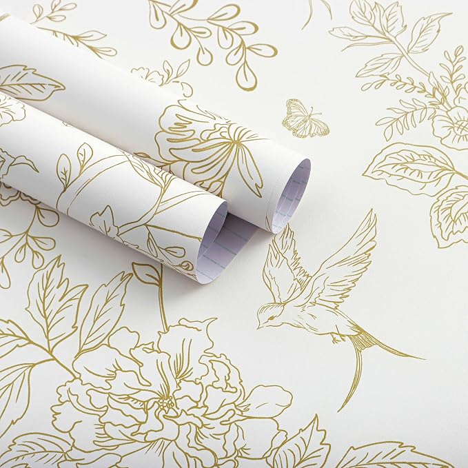 Froluya Cream White and Gold Floral Peel and Stick Wallpaper 17.7in×196.8in | Vintage Floral Birds Self Adhesive Wallpaper Boho Contact Paper Peel and Stick Removable Decorative Wall Paper for Cabinets by Froluya