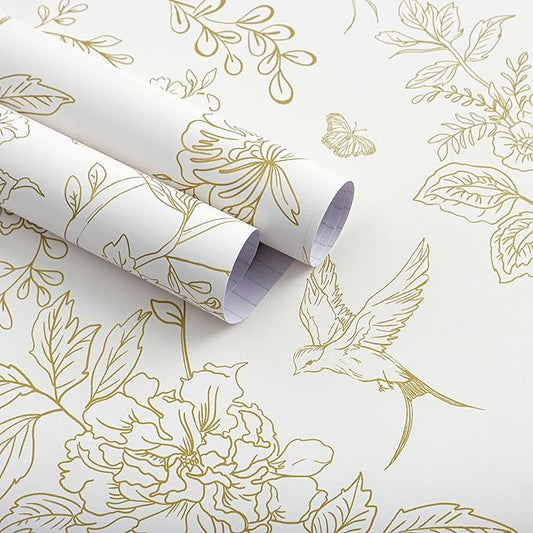 Froluya Cream White and Gold Floral Peel and Stick Wallpaper 17.7in×118.1in | Vintage Floral Birds Self Adhesive Wallpaper Boho Contact Paper Peel and Stick Removable Decorative Wall Paper for Cabinets by Froluya