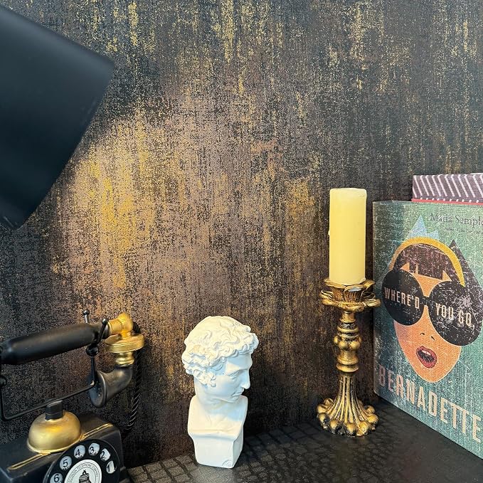 JiffDiff Vintage Metallic Peel and Stick Wallpaper Self Adhesive Industrial Metallic Concrete Wall Paper Modern Stick on Wallpaper Contatt Paper(17.3" x 800" Black Gold) - Image 2