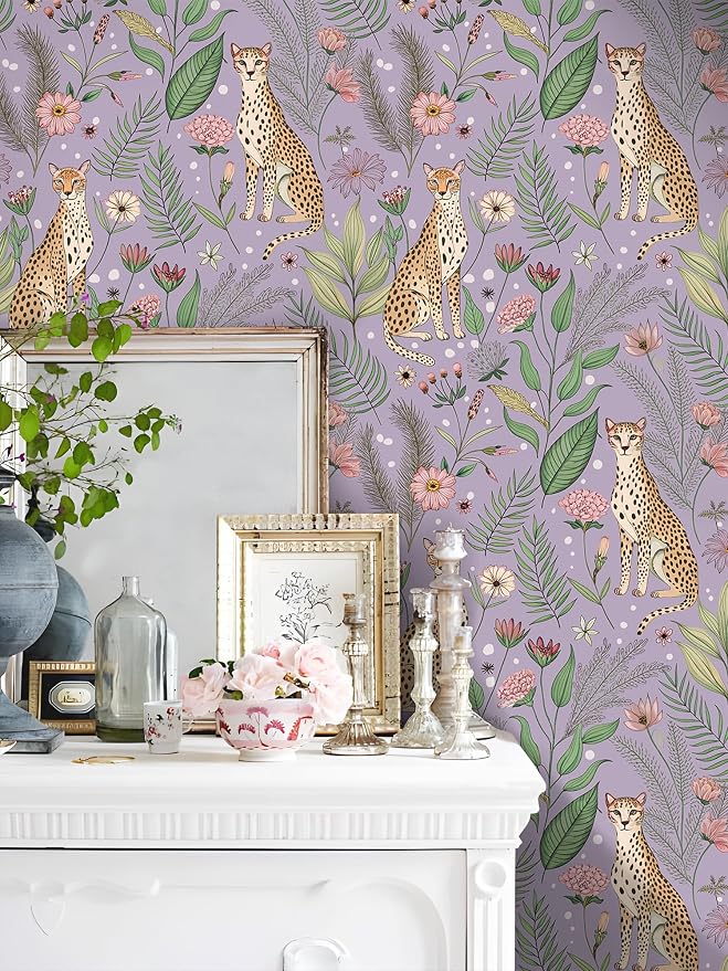 Floralplus Peel and Stick Wallpaper Floral Leopard Wallpaper Renter Friendly Removable Tropical Animal Wallpapers for Bathroom Boho Cheetah Textured Contact Paper for Countertop 17.5 x 393 in - Image 4