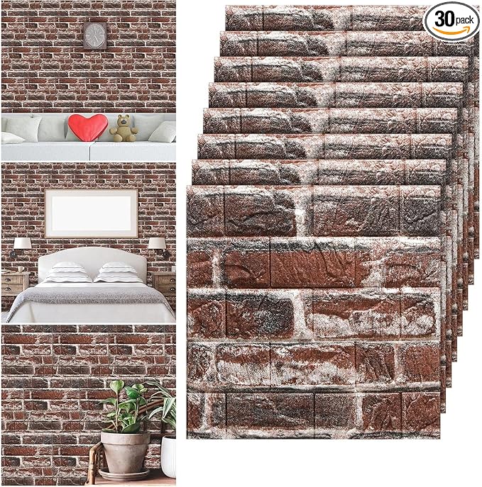 Tinlade 30 Pcs 3D Wall Panels Peel and Stick Wallpaper Foam, Red Brick | Faux Brick Stone Tiles, Covering 28.8-48.4 Sq ft, Self Adhesive Waterproof Panels for Bedroom Living Room Kitchen Walls by Tinlade